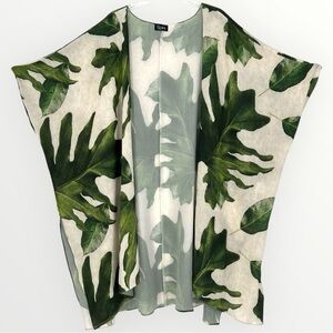 NEW Spin Womens Kimono 3XL Tropical Large Leaf Print Green/Cream Flowy Crepe NEW